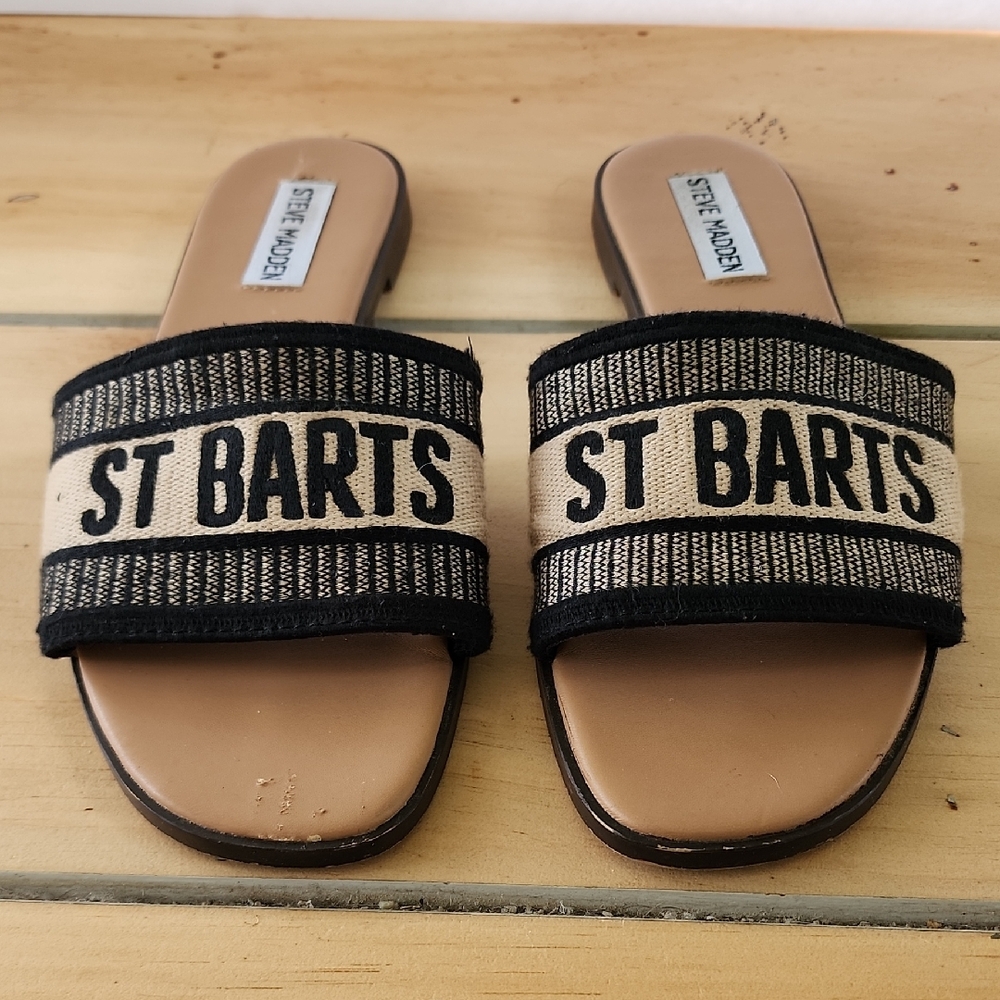 Steve Madden Womens Knox St Barts Blck Tan MultiFabric Flat Slide Sandal Sz 6.5M